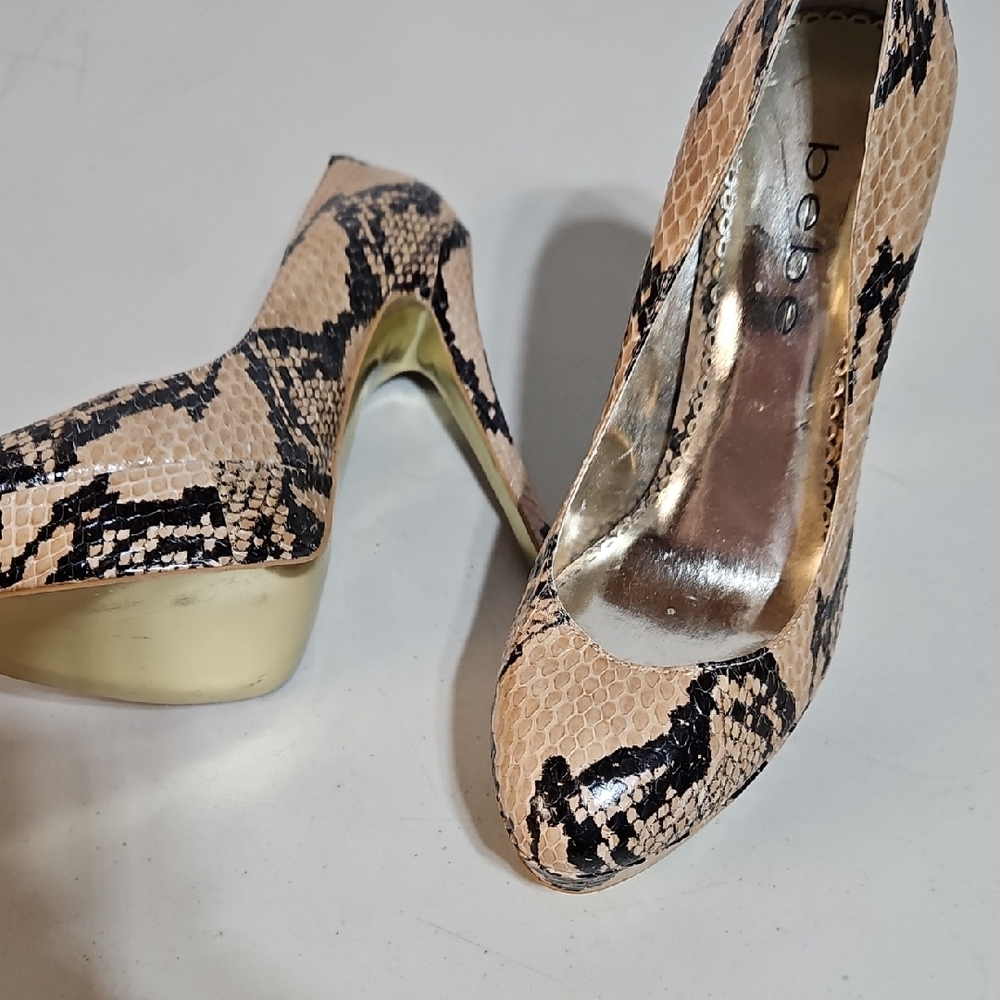 Bebe Snakeskin Platform Heels - Gold and Tan